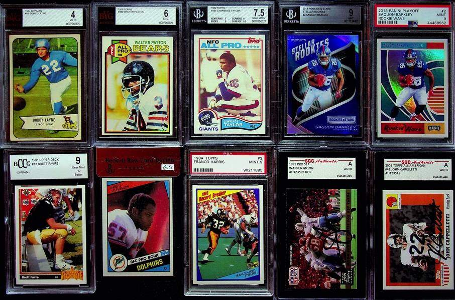 Football Lot (10) w. 1954 Bobby Layne, Walter Payton, Lawrence Taylor RC, (2) Saquon Barkley RCs, Favre RC, 2 Autographs (Moon and Cappelletti), + 