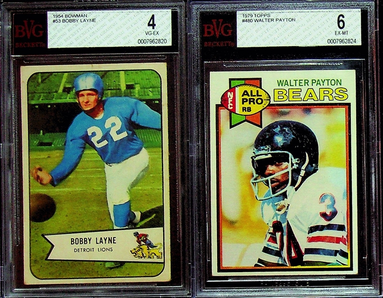 Football Lot (10) w. 1954 Bobby Layne, Walter Payton, Lawrence Taylor RC, (2) Saquon Barkley RCs, Favre RC, 2 Autographs (Moon and Cappelletti), + 