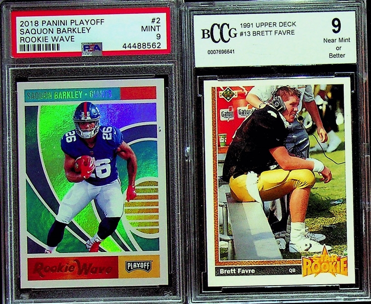 Football Lot (10) w. 1954 Bobby Layne, Walter Payton, Lawrence Taylor RC, (2) Saquon Barkley RCs, Favre RC, 2 Autographs (Moon and Cappelletti), + 