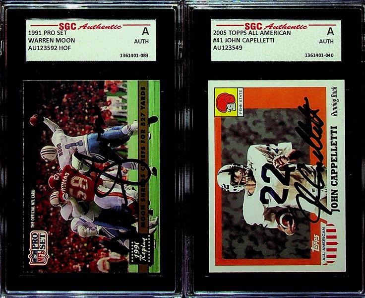 Football Lot (10) w. 1954 Bobby Layne, Walter Payton, Lawrence Taylor RC, (2) Saquon Barkley RCs, Favre RC, 2 Autographs (Moon and Cappelletti), + 
