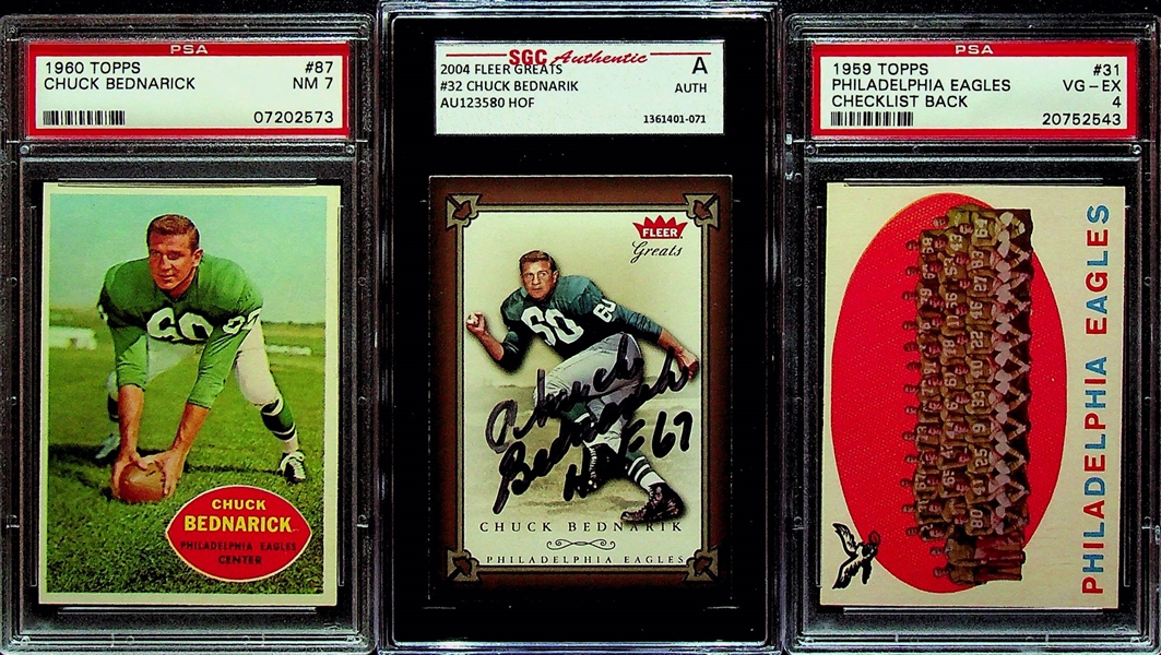 Philadelphia Eagles 3-Card Lot - 1960 Topps Bednarik PSA 7, 2004 Fleer Greats Bednarik Signed Card (SGC Authentic), 1959 Eagles Team PSA 4