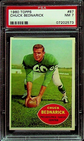 Philadelphia Eagles 3-Card Lot - 1960 Topps Bednarik PSA 7, 2004 Fleer Greats Bednarik Signed Card (SGC Authentic), 1959 Eagles Team PSA 4