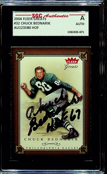 Philadelphia Eagles 3-Card Lot - 1960 Topps Bednarik PSA 7, 2004 Fleer Greats Bednarik Signed Card (SGC Authentic), 1959 Eagles Team PSA 4