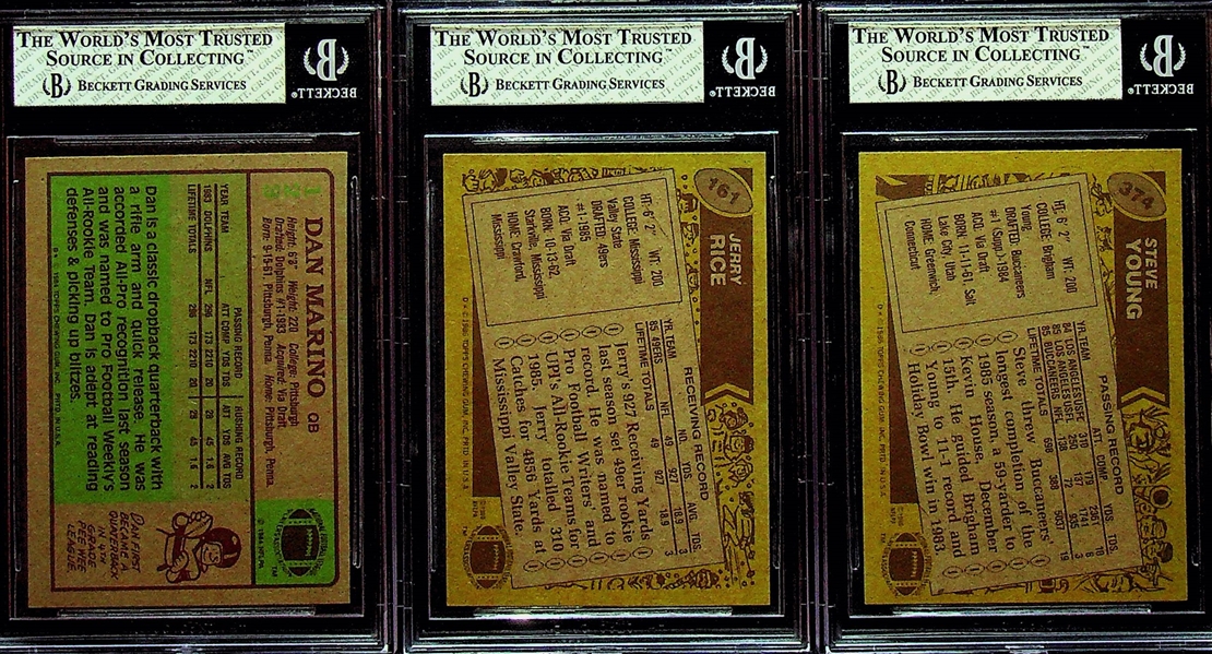 1984 Dan Marino Rookie BGS 7, 1986 Jerry Rice Rookie BGS 7, and 1986 Steve Young Rookie BGS 8