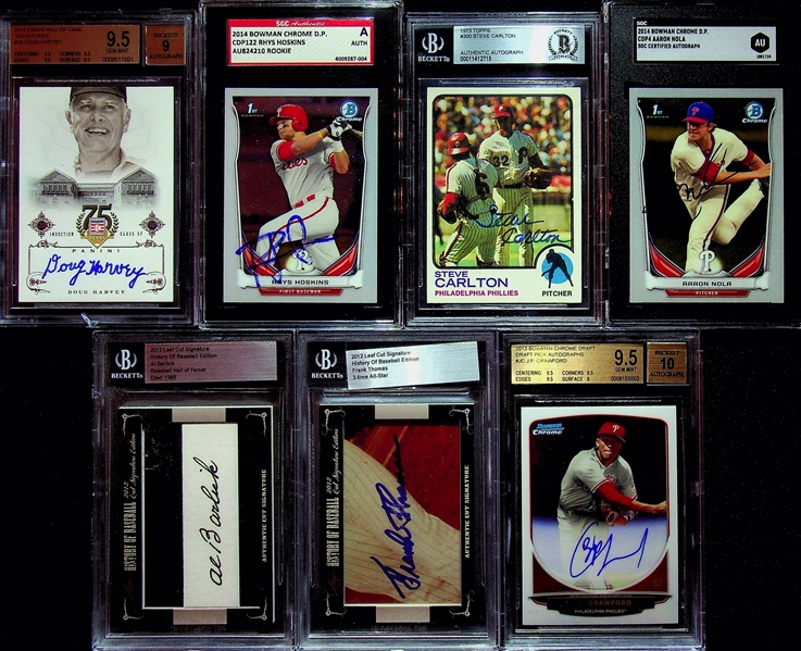 Baseball Card Autograph Lot (7) - Steve Carlton, Doug Harvey, Rhys Hoskins, Aaron Nola, Al Barlick, Frank Thomas, JP Crawford