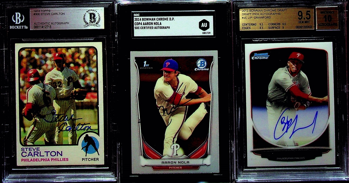 Baseball Card Autograph Lot (7) - Steve Carlton, Doug Harvey, Rhys Hoskins, Aaron Nola, Al Barlick, Frank Thomas, JP Crawford