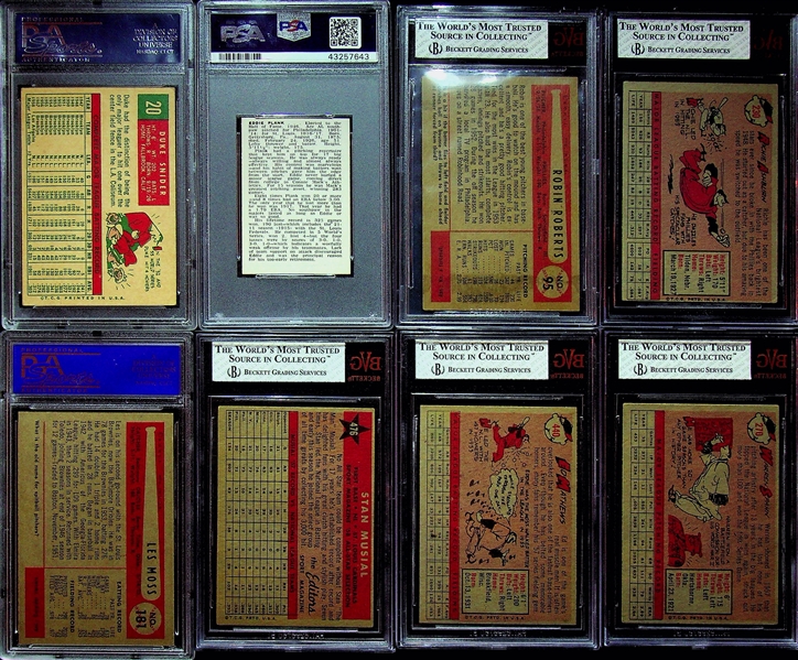 Lot of (8) Graded 1950s Baseball Cards (Plank, Roberts, Snider, Musial, Mathews, Spahn, Ashburn, +)