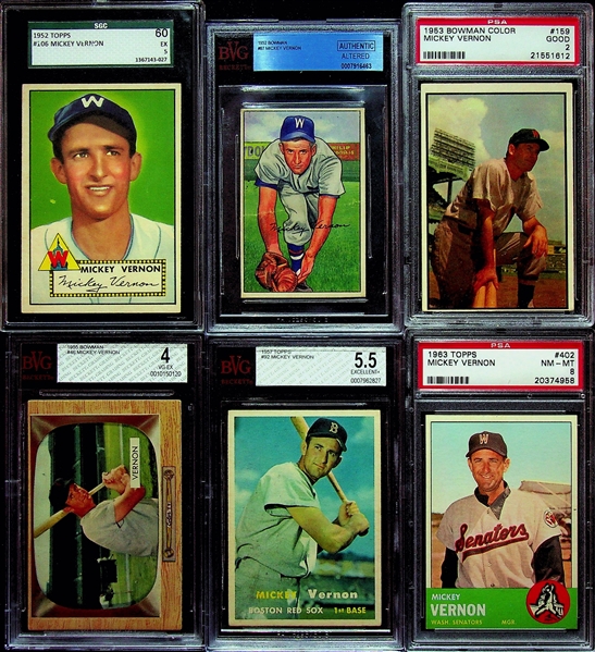 (6) Graded Mickey Vernon Cards - 1952 Topps SGC 5, 1952 Bowman Authentic, 1953 Bowman PSA 2, 1955 Bowman BVG 4, 1957 Topps BVG 5.5, 1963 Topps PSA 8