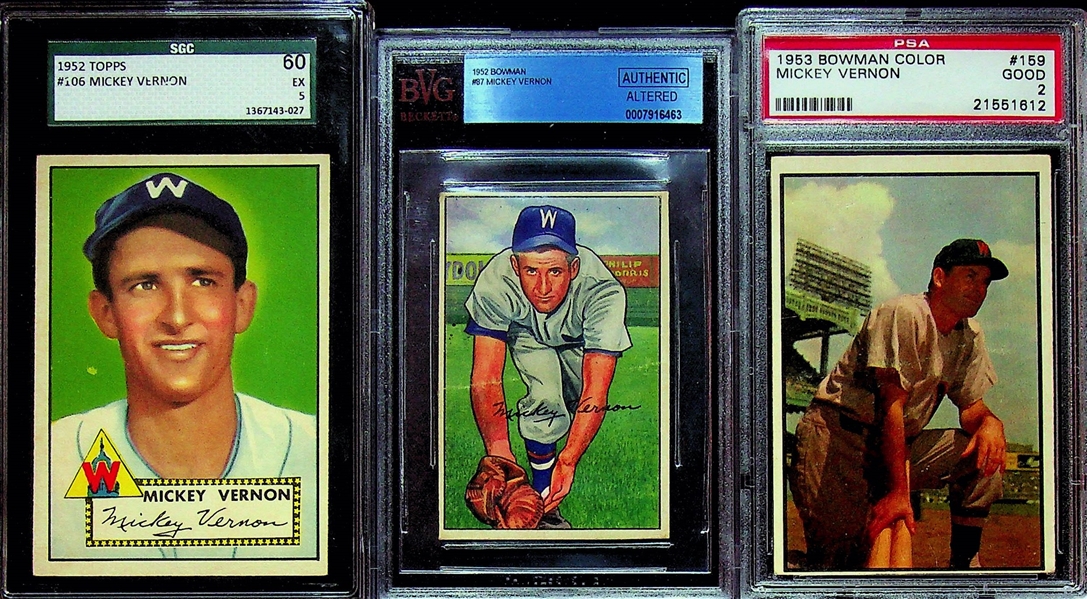 (6) Graded Mickey Vernon Cards - 1952 Topps SGC 5, 1952 Bowman Authentic, 1953 Bowman PSA 2, 1955 Bowman BVG 4, 1957 Topps BVG 5.5, 1963 Topps PSA 8