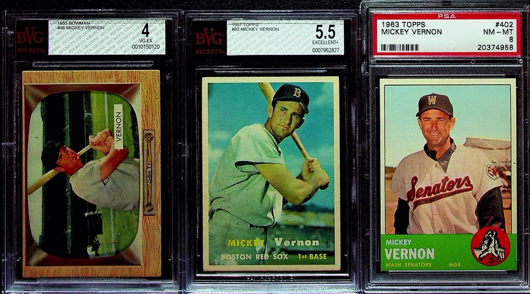 (6) Graded Mickey Vernon Cards - 1952 Topps SGC 5, 1952 Bowman Authentic, 1953 Bowman PSA 2, 1955 Bowman BVG 4, 1957 Topps BVG 5.5, 1963 Topps PSA 8