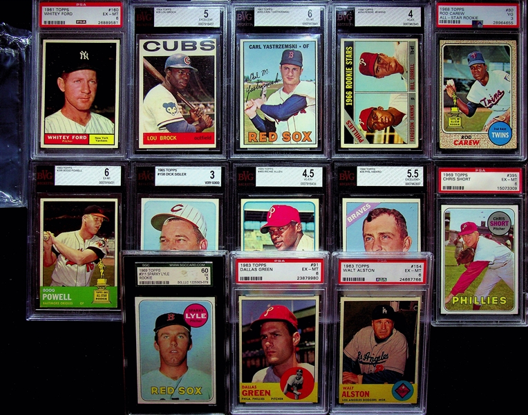 (13) Graded 1960s Baseball Cards w/ 1961 Topps Ford PSA 6, 1964 Brock BVG 5, 1967 Yaz BVG 6, Jenkins Rookie, Carew 2nd Yr, +