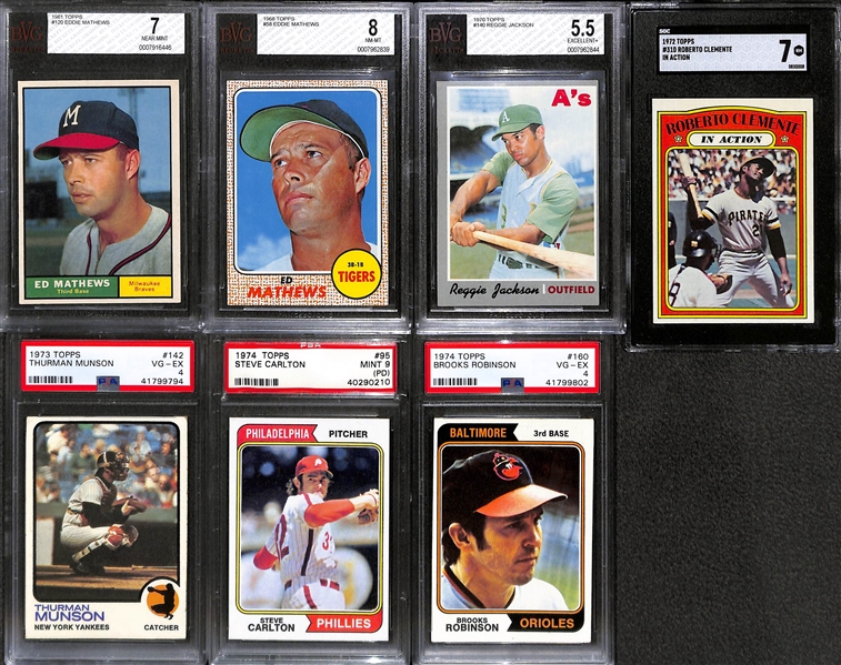 (7) Graded Topps Cards w. 1961 Mathews BVG 7, 1968 Mathews BVG 8, 1972 Clemente IA SGC 7, 1970 Reggie Jackson BVG 5.5,  + Munson, Carlton, B. Robinson