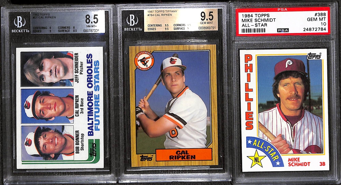(15) Graded Baseball Cards w.1981 Topps Ripken RC BVG 8.5, 1984 Topps AS Mike Schmidt PSA 10, 1987 Topps Tiffany Ripken BGS 9.5, + HOFers and Stars