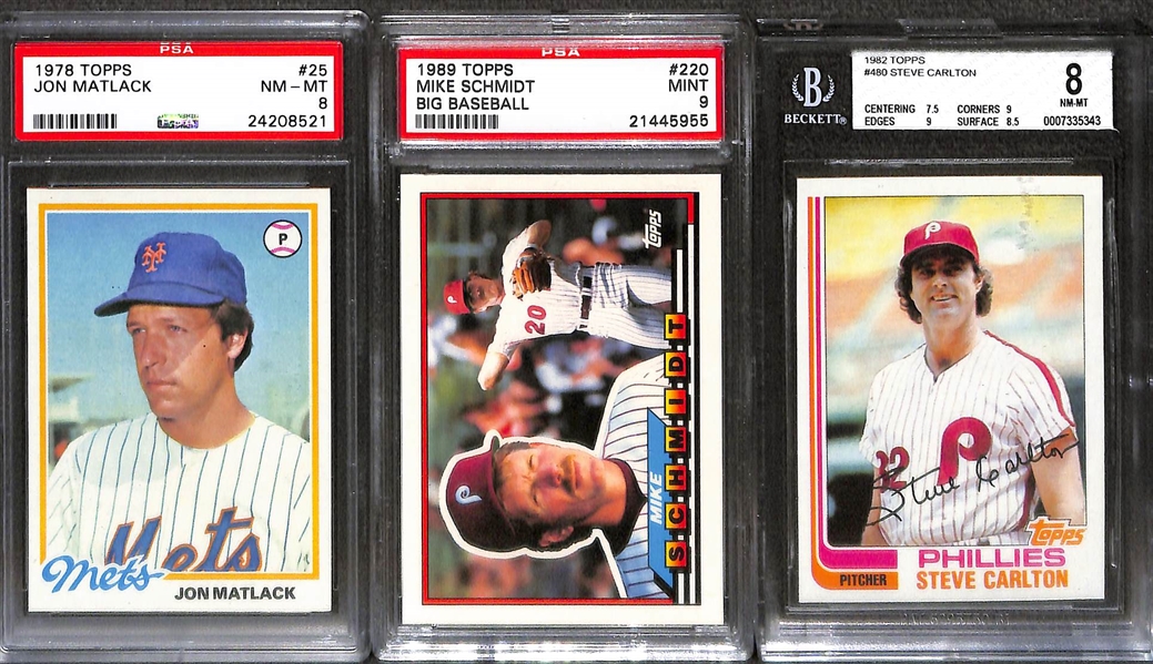 (15) Graded Baseball Cards w.1981 Topps Ripken RC BVG 8.5, 1984 Topps AS Mike Schmidt PSA 10, 1987 Topps Tiffany Ripken BGS 9.5, + HOFers and Stars