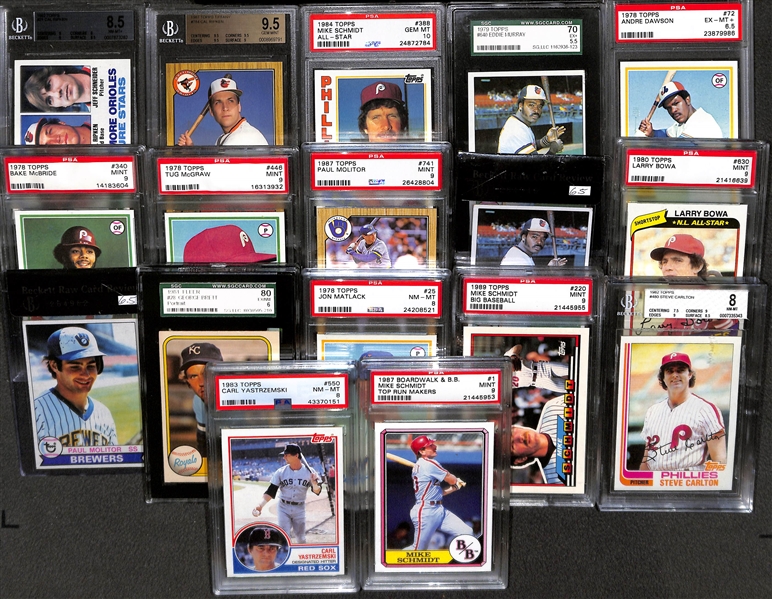 (15) Graded Baseball Cards w.1981 Topps Ripken RC BVG 8.5, 1984 Topps AS Mike Schmidt PSA 10, 1987 Topps Tiffany Ripken BGS 9.5, + HOFers and Stars