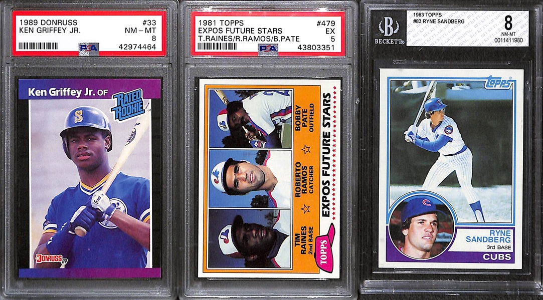 (14) Graded Baseball Rookies w. 6 Ken Griffey Jr., Raines, Sandberg, Smoltz, 2 Randy Johnson, 2 Glavine, and Bonds