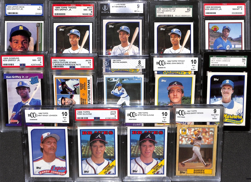 (14) Graded Baseball Rookies w. 6 Ken Griffey Jr., Raines, Sandberg, Smoltz, 2 Randy Johnson, 2 Glavine, and Bonds