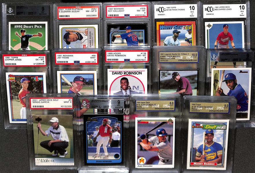 (14) Graded Rookie Cards w. Derek Jeter, Tiger Woods, David Robinson, Ichiro, Roy Halladay, Frank Thomas, 2 Chipper Jones, Jim Thome, +