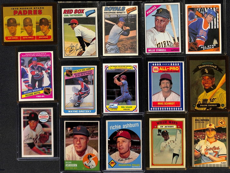 (37) Baseball & Hockey Cards Inc. 1959 and 1963 Ashburn, 1972 Mays IA, 1970 Kellogg's Seaver, 1989 Billy Ripken FF Error, 1966 Stargell, 3 Gretzky OPC Cards