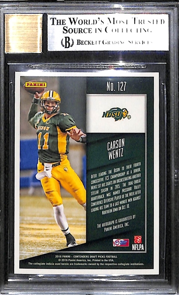 2016 Contenders Draft Picks Carson Wentz Autograph Rookie Card BGS 9 (10 Autograph)