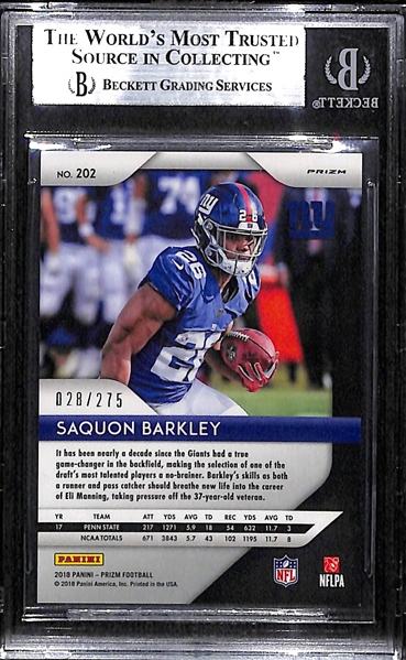 2018 Prizm Saquon Barkley Hyper Prizm Rookie Card #28/275 BGS 9 Mint