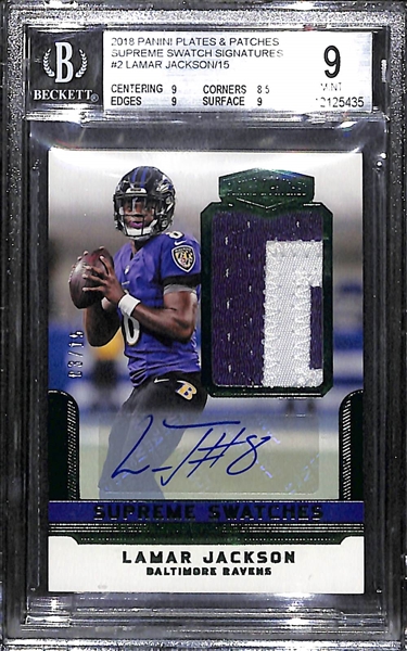 2018 Plates & Patches Lamar Jackson Rookie Autograph Jersey Patch #3/15 BGS 9 Mint
