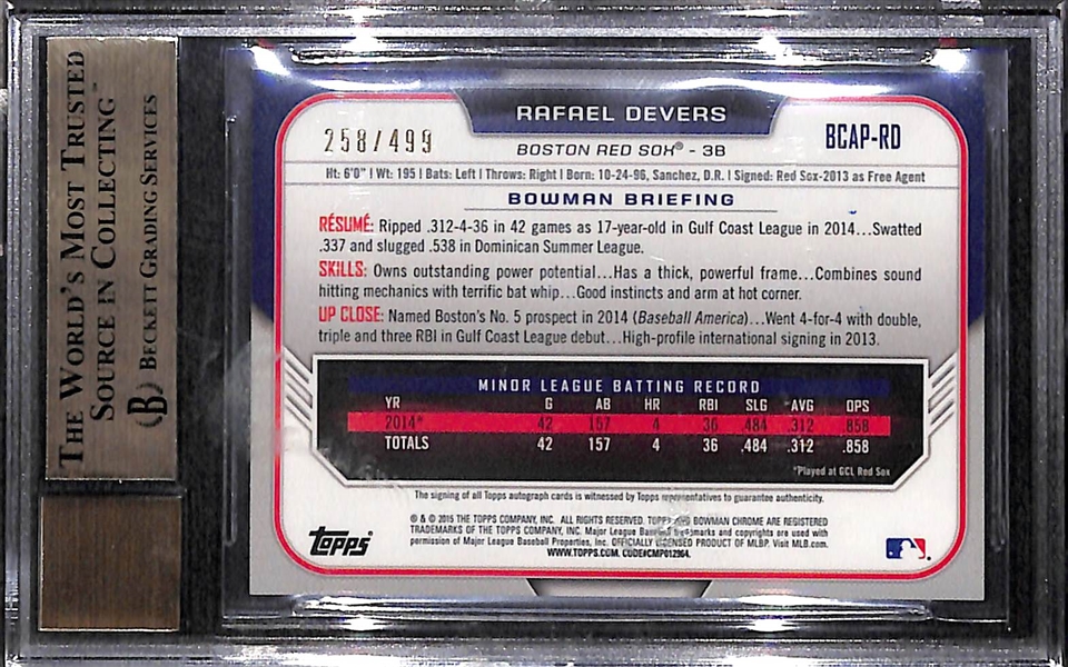 2015 Bowman Chrome Prospect Rafael Devers Autograph Rookie Refractor BGS 9.5 (10 Autograph) #258/499