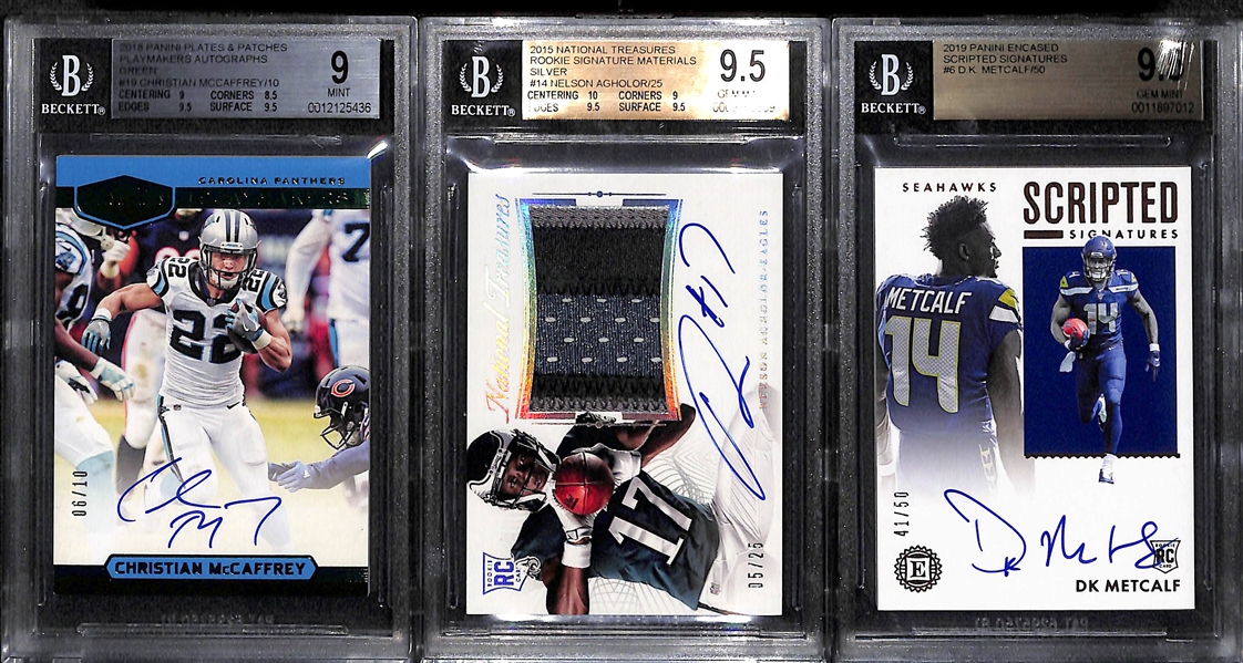 Football Lot - 2018 Christian McCaffrey Plates & Patches #/10, 2015 Agholor Nat. Treasures Auto Patch #/25 BGS 9.5 (9 Auto), 2019 Encased DK Metcalf #/50 BGS 9.5 (10 Auto) 