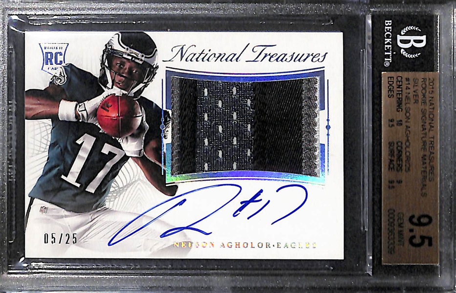 Football Lot - 2018 Christian McCaffrey Plates & Patches #/10, 2015 Agholor Nat. Treasures Auto Patch #/25 BGS 9.5 (9 Auto), 2019 Encased DK Metcalf #/50 BGS 9.5 (10 Auto) 