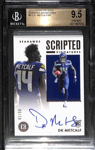 Football Lot - 2018 Christian McCaffrey Plates & Patches #/10, 2015 Agholor Nat. Treasures Auto Patch #/25 BGS 9.5 (9 Auto), 2019 Encased DK Metcalf #/50 BGS 9.5 (10 Auto) 