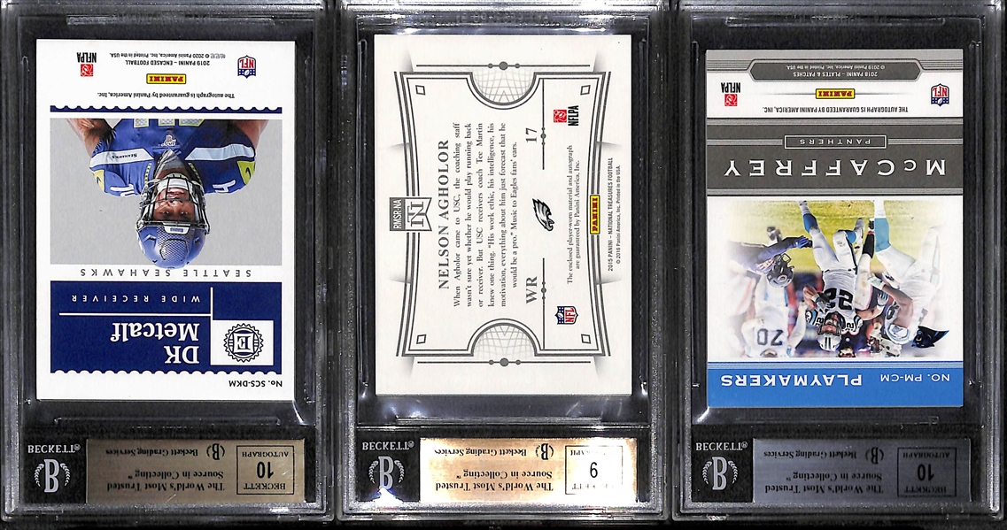 Football Lot - 2018 Christian McCaffrey Plates & Patches #/10, 2015 Agholor Nat. Treasures Auto Patch #/25 BGS 9.5 (9 Auto), 2019 Encased DK Metcalf #/50 BGS 9.5 (10 Auto) 