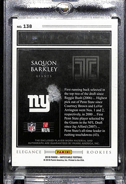 2018 Panini Impeccable Elegance Saquon Barkley Autograph Helmet/Glove Rookie Card #4/15