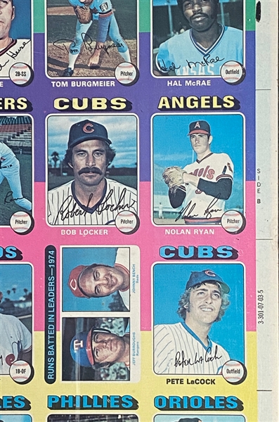 1975 Topps Baseball Card Uncut Sheet of 132 Cards w. Nolan Ryan 