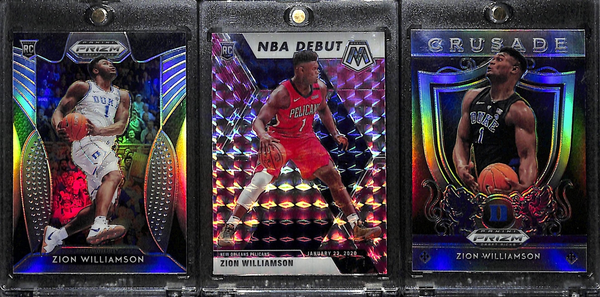 2019-20 Zion Williamson Rookie Lot (Prizm Draft Silver, Mosaic Pink Camo Debut, and Prizm Draft Crusade Silver)