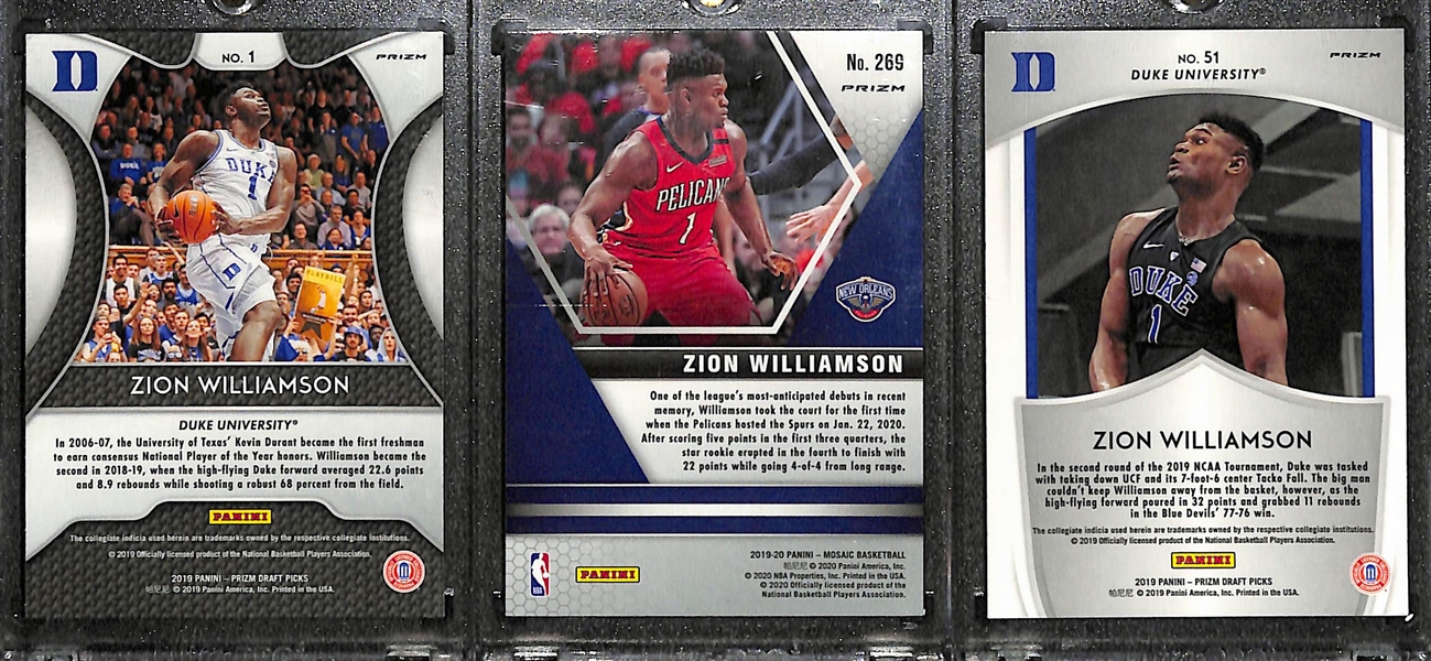 2019-20 Zion Williamson Rookie Lot (Prizm Draft Silver, Mosaic Pink Camo Debut, and Prizm Draft Crusade Silver)