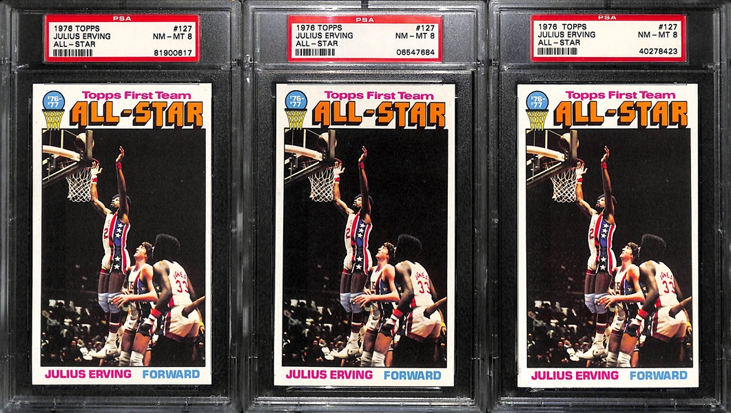 Lot of (3) 1976 Topps Tall Boy Julius Erving All Star (#127) Cards - All Graded PSA 8