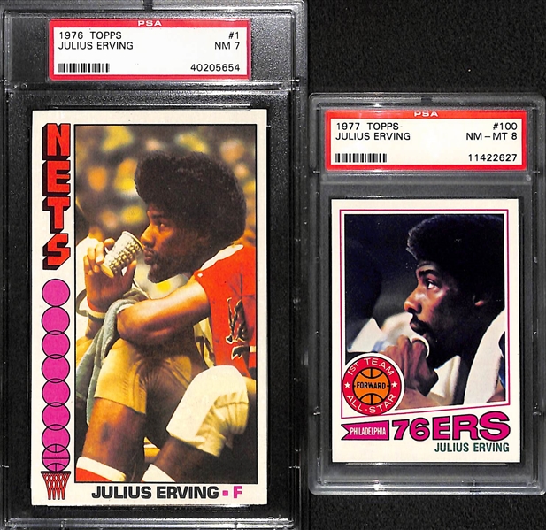 Julius Erving Graded Lot - 1976 #1 Graded PSA 7 and 1977 #100 Graded PSA 8