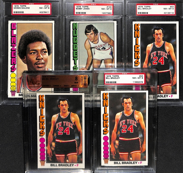 1976 Topps Tall Boy Basketball NM-MT Graded Lot - Moses Malone PSA 8,  Bobby Jones PSA 8, (2) Bill Bradley PSA 8. Bill Bradley BVG 8