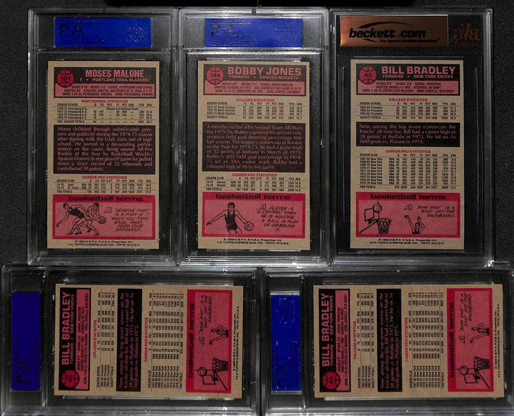 1976 Topps Tall Boy Basketball NM-MT Graded Lot - Moses Malone PSA 8,  Bobby Jones PSA 8, (2) Bill Bradley PSA 8. Bill Bradley BVG 8