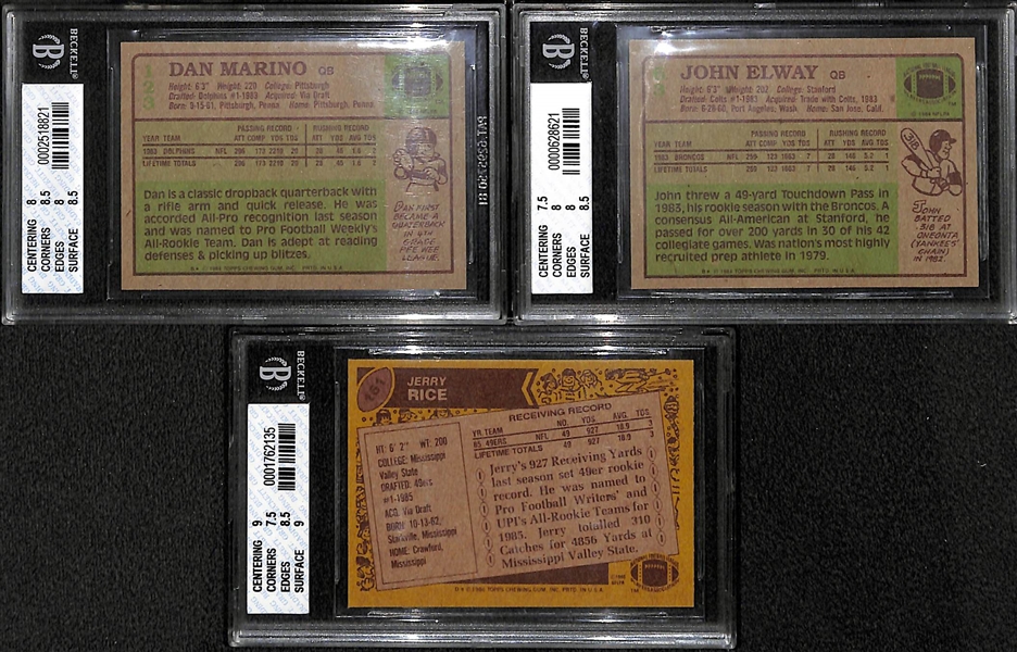 BGS 8 Rookie Football Lot - Dan Marino, John Elway, and Jerry Rice
