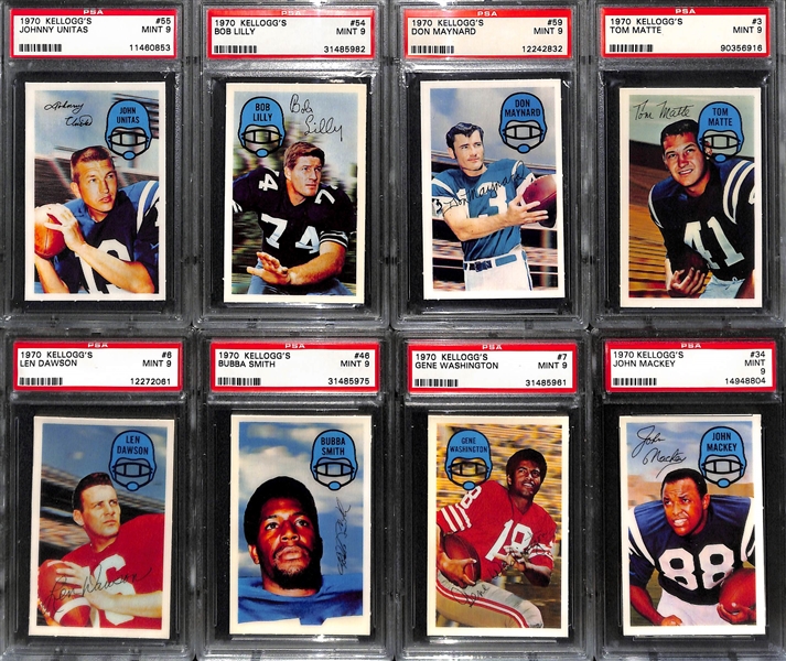 (8) 1970 Kellogg's 3-D Football Cards (All PSA 9) - Unitas, Lilly, Maynard, Matte, Dawson, B. Smith, G. Washington, Mackey