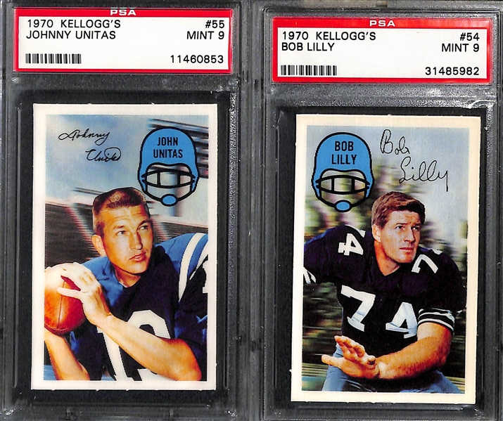 (8) 1970 Kellogg's 3-D Football Cards (All PSA 9) - Unitas, Lilly, Maynard, Matte, Dawson, B. Smith, G. Washington, Mackey