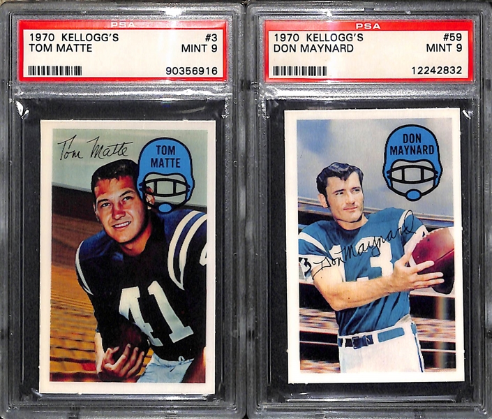 (8) 1970 Kellogg's 3-D Football Cards (All PSA 9) - Unitas, Lilly, Maynard, Matte, Dawson, B. Smith, G. Washington, Mackey