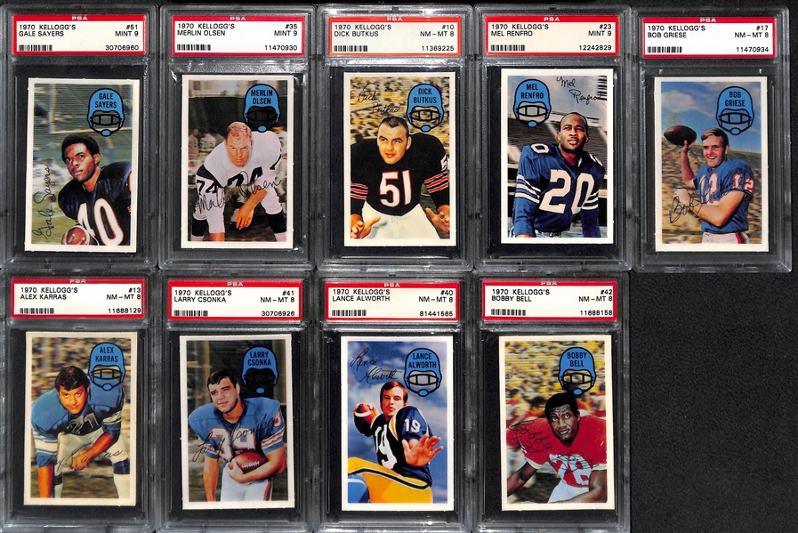 (9) 1970 Kellogg's 3-D Football Cards (All PSA 9 or PSA 8) w. Sayers, Olsen, Butkus, Renfro, Griese, Karras, Csonka, Alworth, Bell