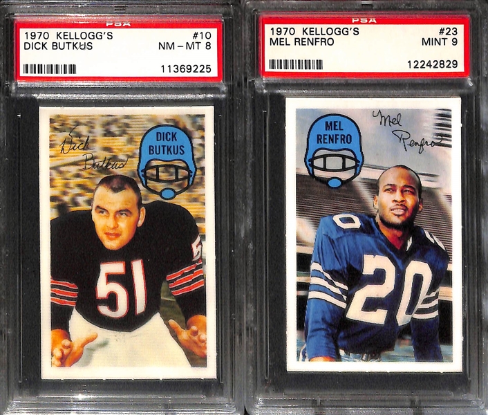 (9) 1970 Kellogg's 3-D Football Cards (All PSA 9 or PSA 8) w. Sayers, Olsen, Butkus, Renfro, Griese, Karras, Csonka, Alworth, Bell