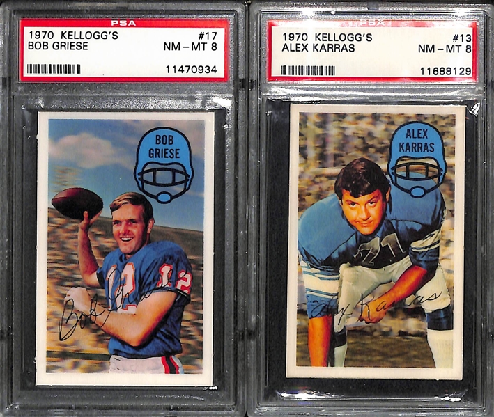 (9) 1970 Kellogg's 3-D Football Cards (All PSA 9 or PSA 8) w. Sayers, Olsen, Butkus, Renfro, Griese, Karras, Csonka, Alworth, Bell