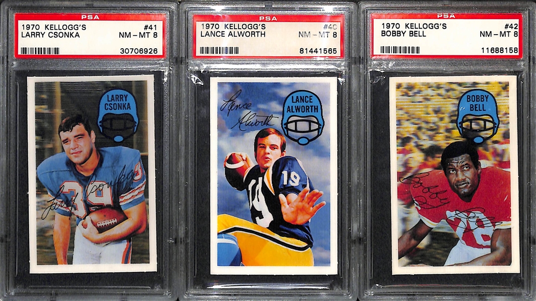 (9) 1970 Kellogg's 3-D Football Cards (All PSA 9 or PSA 8) w. Sayers, Olsen, Butkus, Renfro, Griese, Karras, Csonka, Alworth, Bell