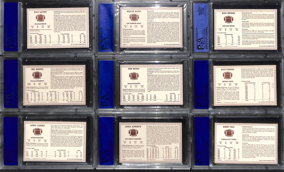 (9) 1970 Kellogg's 3-D Football Cards (All PSA 9 or PSA 8) w. Sayers, Olsen, Butkus, Renfro, Griese, Karras, Csonka, Alworth, Bell