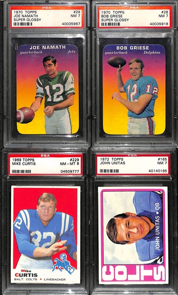 (4) Graded Football Cards - 1969 Topps Curtis PSA 8, 1970 Topps Super Glossy Namath & Griese (PSA 7),  1972 Unitas PSA 7