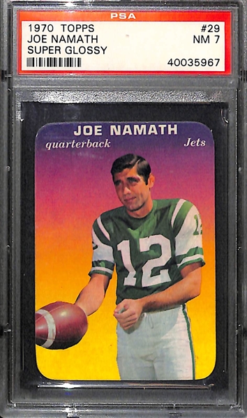 (4) Graded Football Cards - 1969 Topps Curtis PSA 8, 1970 Topps Super Glossy Namath & Griese (PSA 7),  1972 Unitas PSA 7